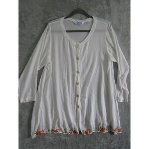 Wind River White Button Front Tunic Top Floral Embroidered Hem Size L